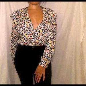 Ruffled Colorful Button Up V Neck Blouse